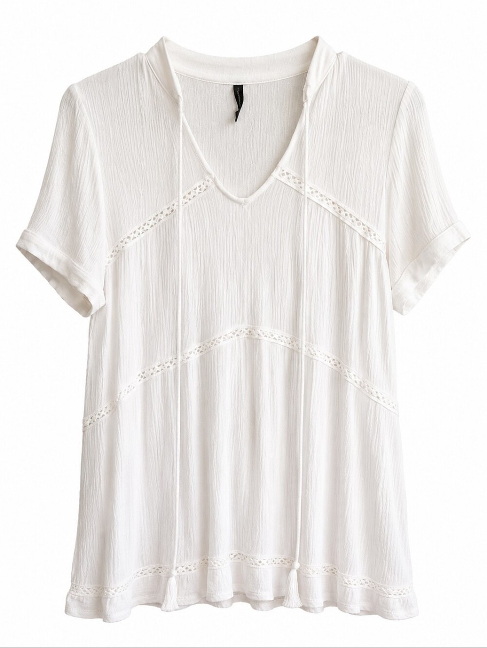 Smell the Roses White Short-Sleeve V-Neck Tunic with Crochet Accents
